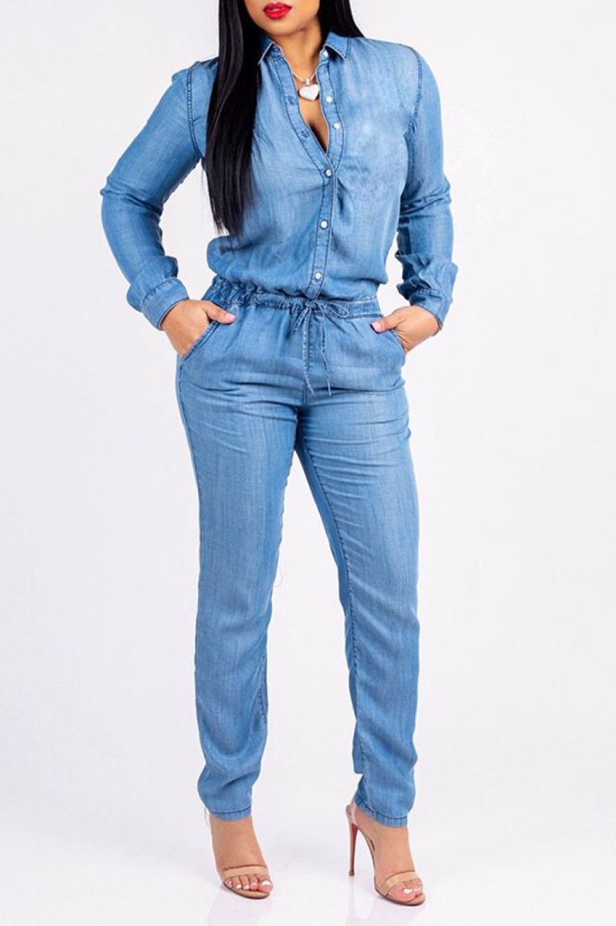 Jumpsuits & Rompers female | Lovely Trendy Drawstring Denim One-Piece Jumpsuit Blue