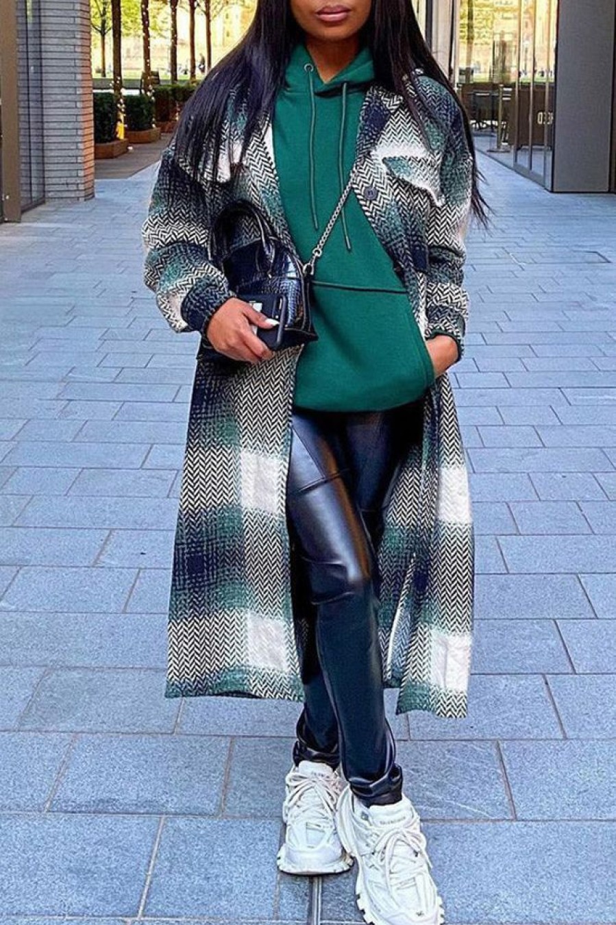 Tops & Outerwear female | Fashion Plaid Lapel Single Breasted Pocket Artifical Wool Maxi Overcoat Green