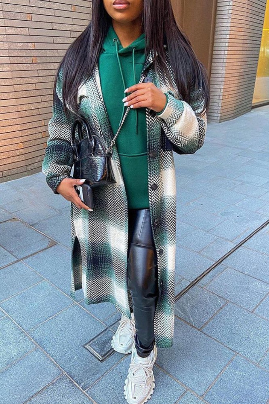 Tops & Outerwear female | Fashion Plaid Lapel Single Breasted Pocket Artifical Wool Maxi Overcoat Green