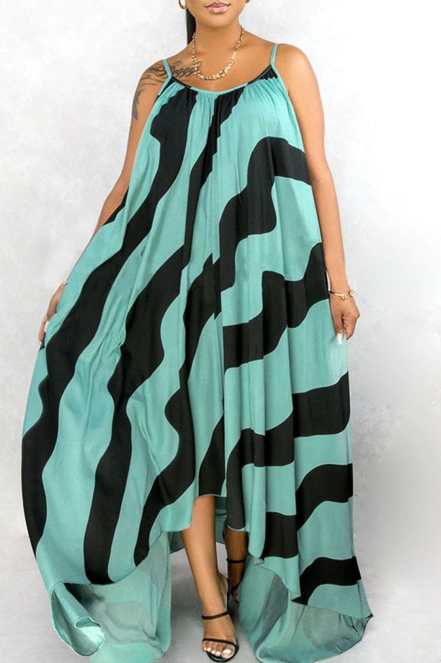 Dresses female | Loose Striped Print Plus Size Suspender Maxi Dress