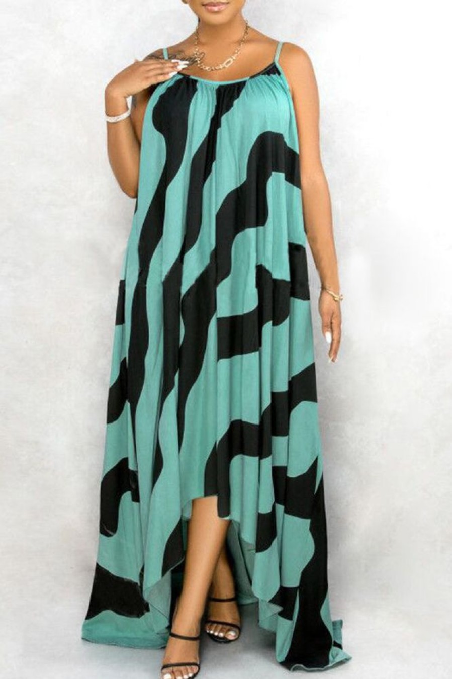 Dresses female | Loose Striped Print Plus Size Suspender Maxi Dress