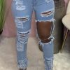 Bottoms female | Fashionable Ripped Slim Fit Stretch Jeans Wathet Blue