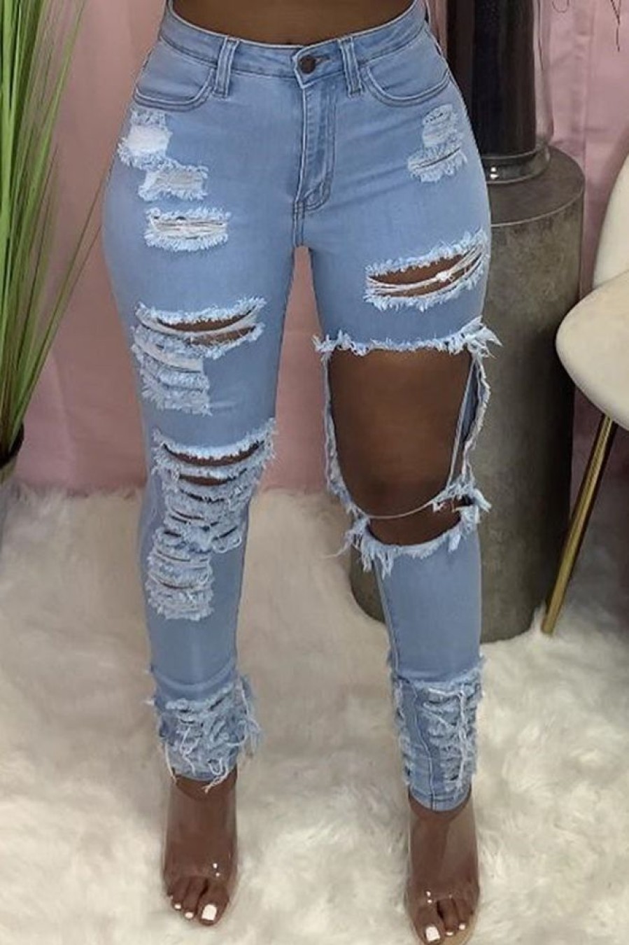 Bottoms female | Fashionable Ripped Slim Fit Stretch Jeans Wathet Blue