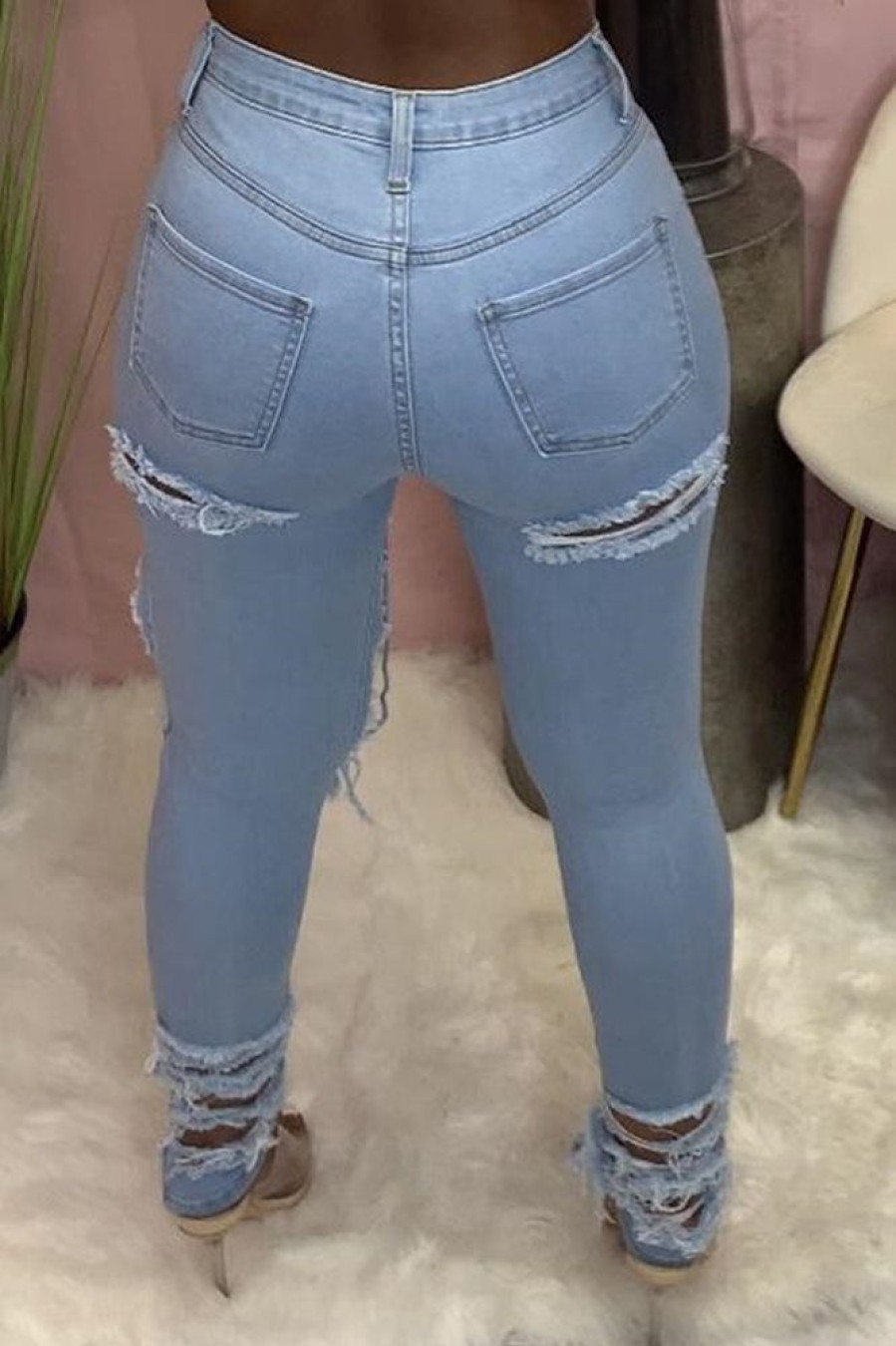 Bottoms female | Fashionable Ripped Slim Fit Stretch Jeans Wathet Blue