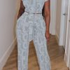 2-Pieces female | Fashion Print Crew Neck Top Tie Waist Two Piece Set Light Grey