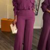 2-Pieces female | Elegant Stand Collar Solid Color Blouse High Waist Straight Pant Suits