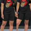 2-Pieces female | Round Neck Tongue Print Short Sleeve Sports Two-Piece Suit