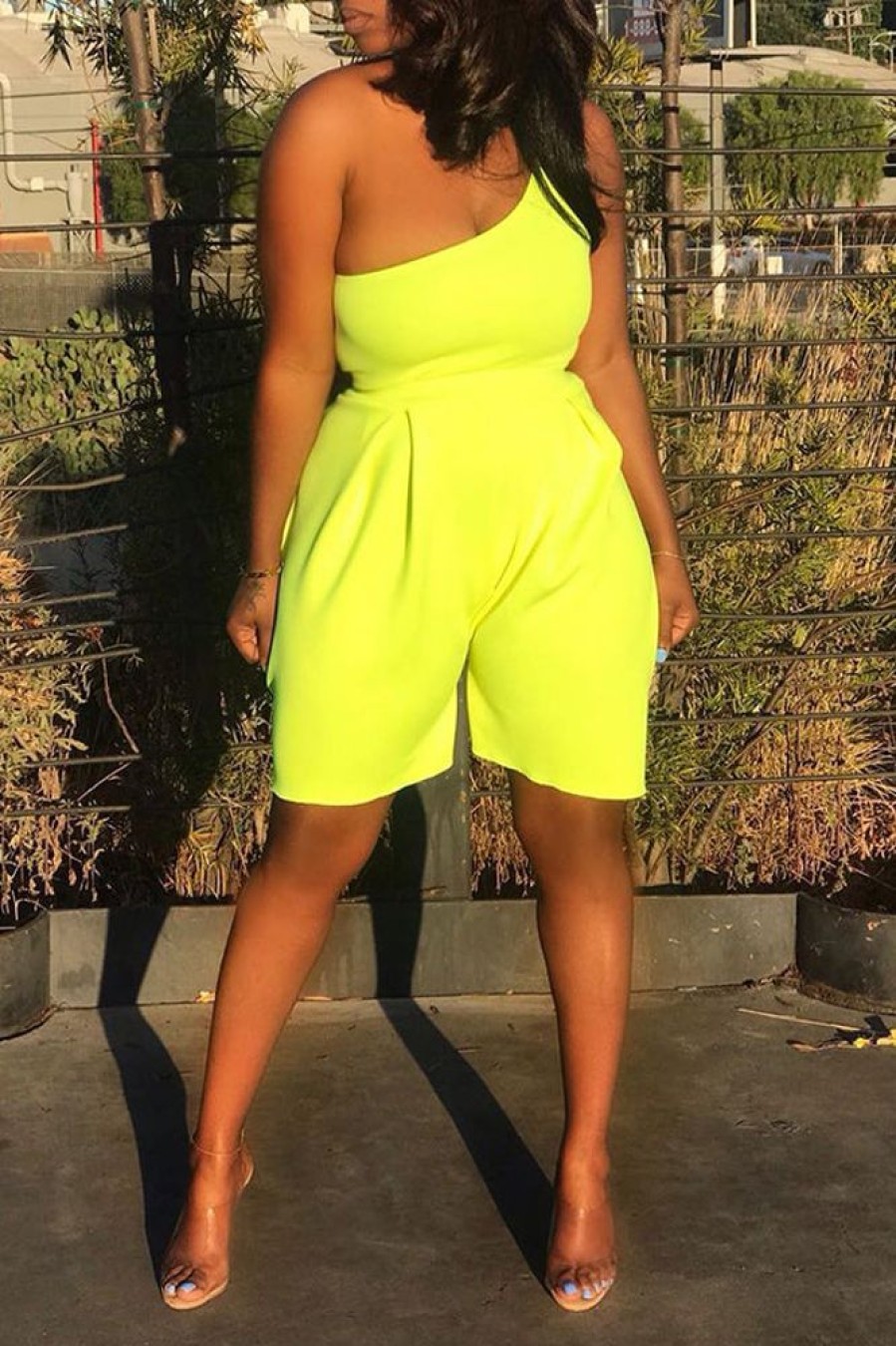 Jumpsuits & Rompers female | Fashion Sexy One Side Sloping Shoulder Solid Color Jumpsuit Yellow