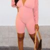 Jumpsuits & Rompers female | Sexy Pleated Long Sleeve V-Neck Solid Color Slim Rompers Pink