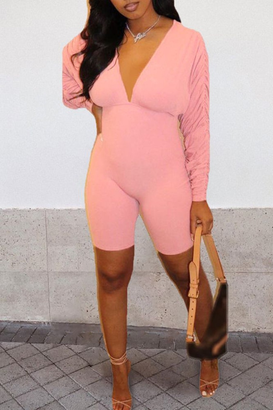 Jumpsuits & Rompers female | Sexy Pleated Long Sleeve V-Neck Solid Color Slim Rompers Pink