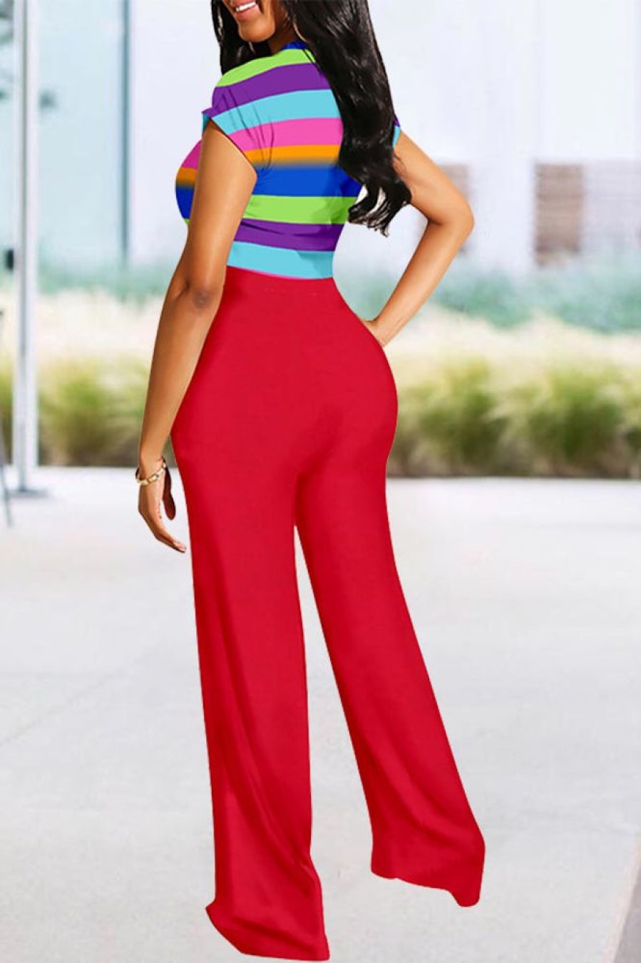 2-Pieces female | Colorful Stripe Print Short Top Solid Color High Waist Pant Suits