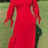 Dresses female | Pure Color Knotted Long Sleeve Casual Pocket Maxi Dress Plus Size