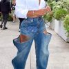 Bottoms female | Fashion Trendy High Waist Hollow Jeans Blue