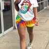 2-Pieces female | Colorful Tongue Print T-Shirt & Shorts Set