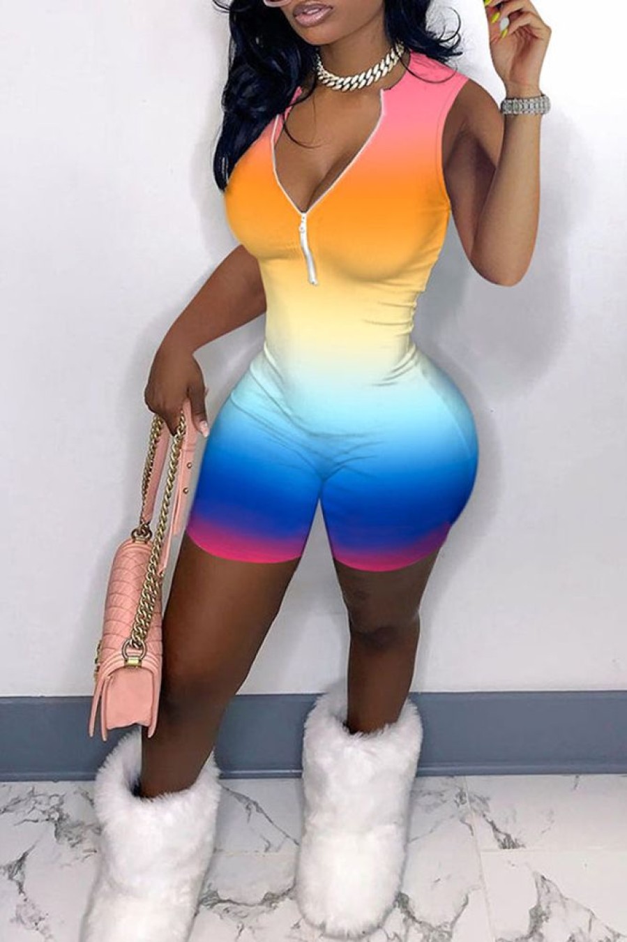 Jumpsuits & Rompers female | Fashion Gradient Sexy Skinny Zipper Romper Multicolor