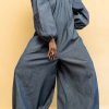 Jumpsuits & Rompers female | Casual Hollow Long Sleeve Denim Wide Leg Jumpsuit Blue