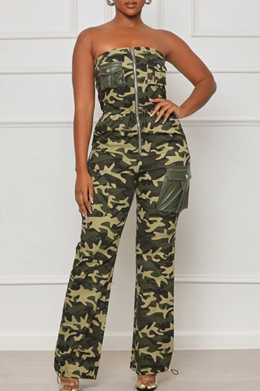 Jumpsuits & Rompers female | Fashion Sexy Off-Shoulder Chest-Wrapped Camouflage Jumpsuit Army Green