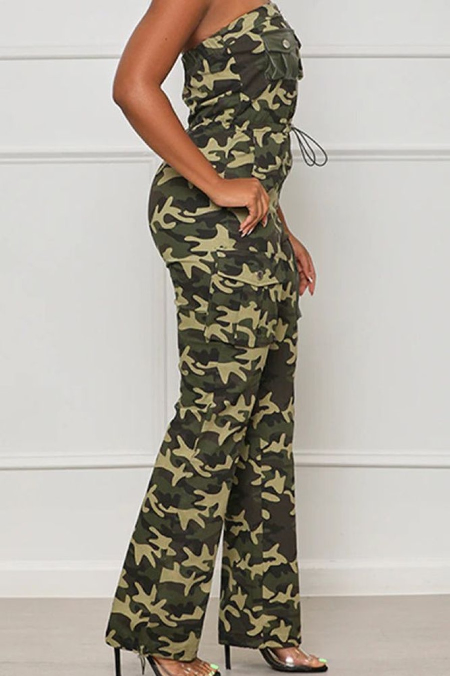 Jumpsuits & Rompers female | Fashion Sexy Off-Shoulder Chest-Wrapped Camouflage Jumpsuit Army Green