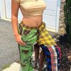 Bottoms female | Plaid Patchwork Tasseled Drawstring Pocket Pants Green