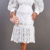 Dresses female | Temperament Puff Sleeve Lace V-Neck Mermaid Midi Dress White