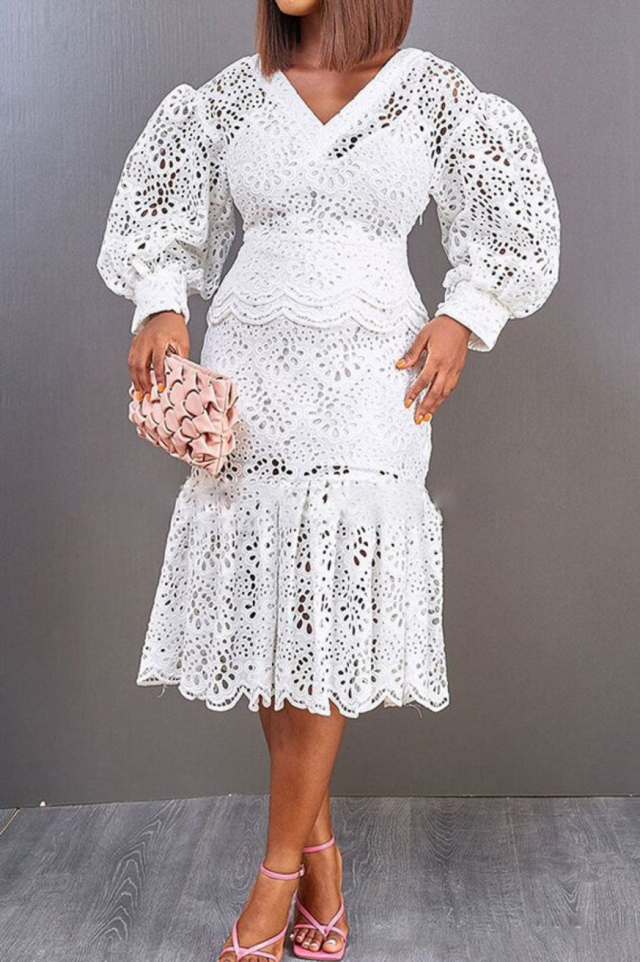 Dresses female | Temperament Puff Sleeve Lace V-Neck Mermaid Midi Dress White