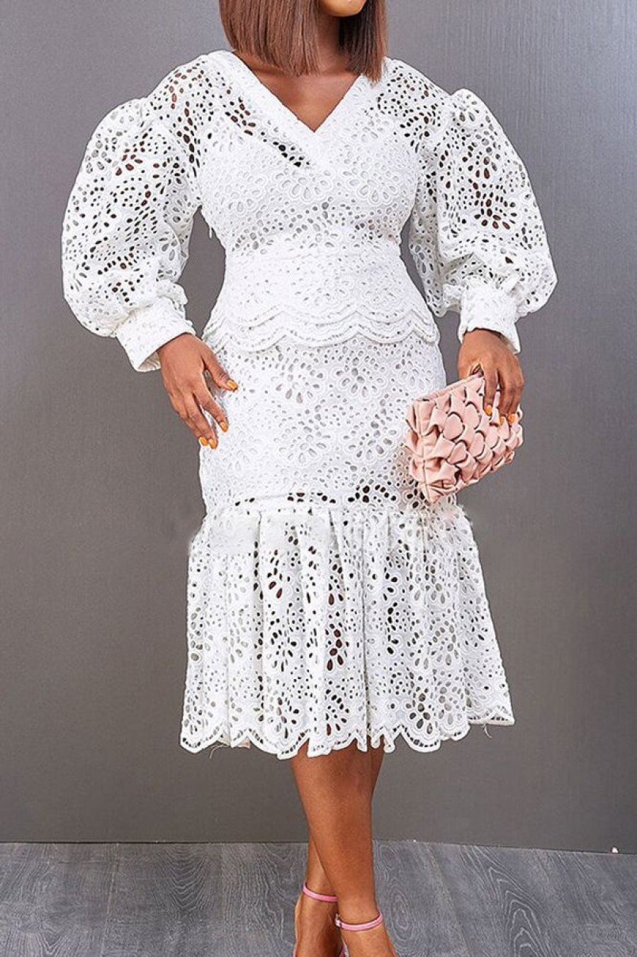 Dresses female | Temperament Puff Sleeve Lace V-Neck Mermaid Midi Dress White