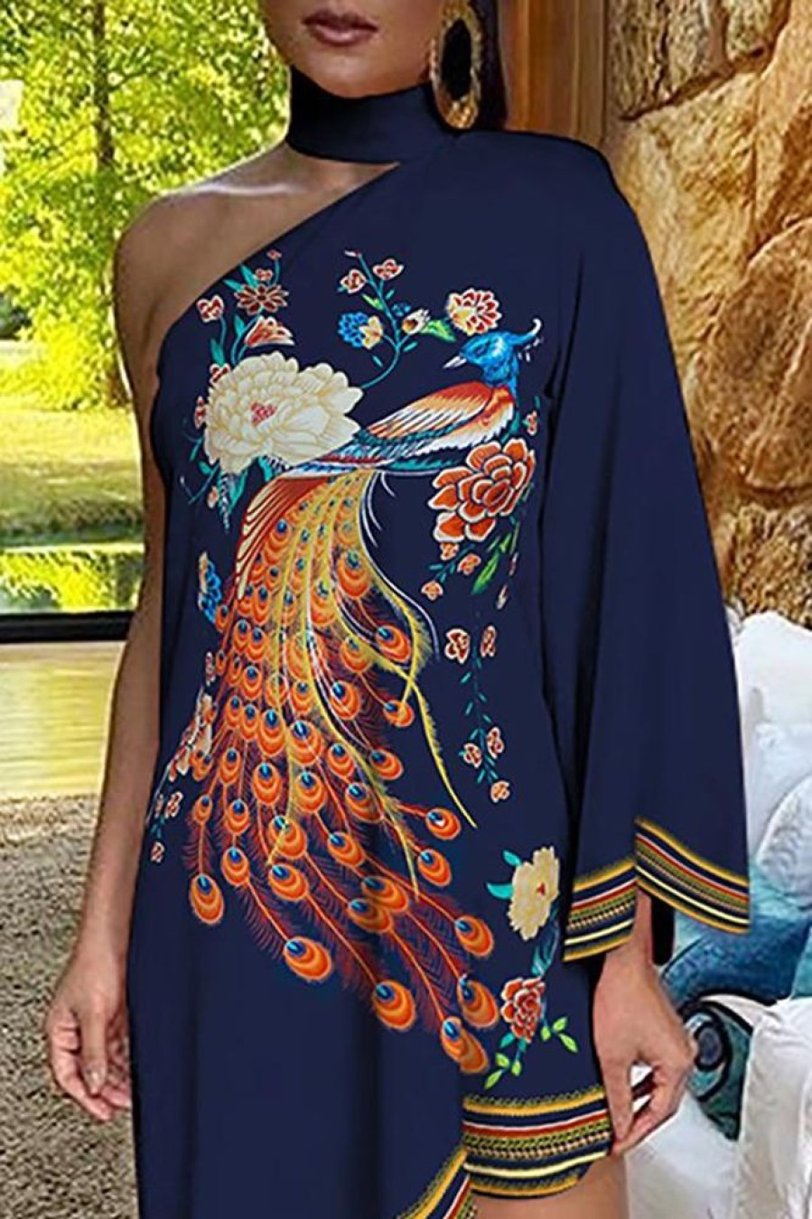 Dresses female | Asymmetrical Ruffled Sexy Elegant Print One-Sleeve Dress