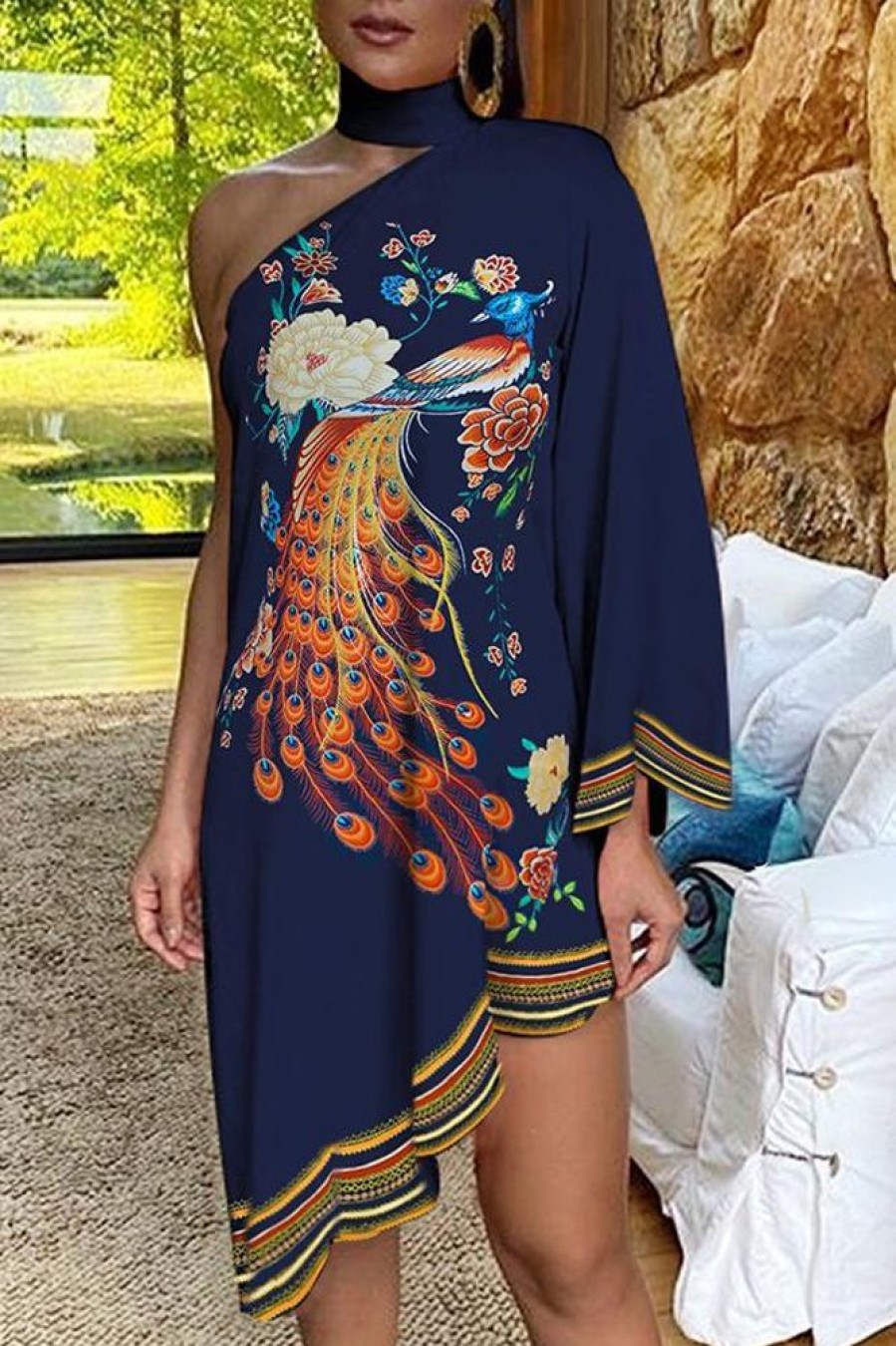 Dresses female | Asymmetrical Ruffled Sexy Elegant Print One-Sleeve Dress