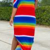 Dresses female | Color Striped Print Short Sleeved Split Maxi Dress