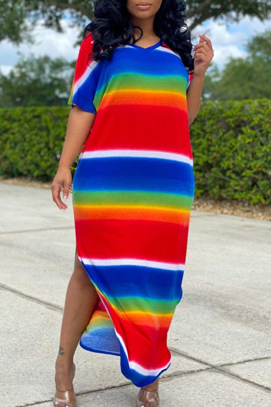 Dresses female | Color Striped Print Short Sleeved Split Maxi Dress