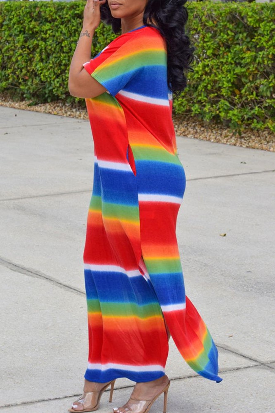 Dresses female | Color Striped Print Short Sleeved Split Maxi Dress