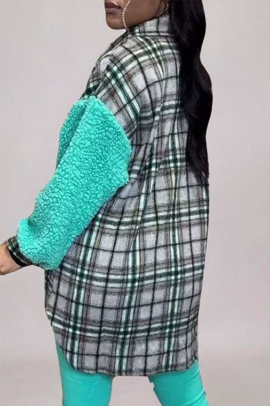 Tops & Outerwear female | Casual Plaid Panel Furry Long Sleeve Midi Coat Green