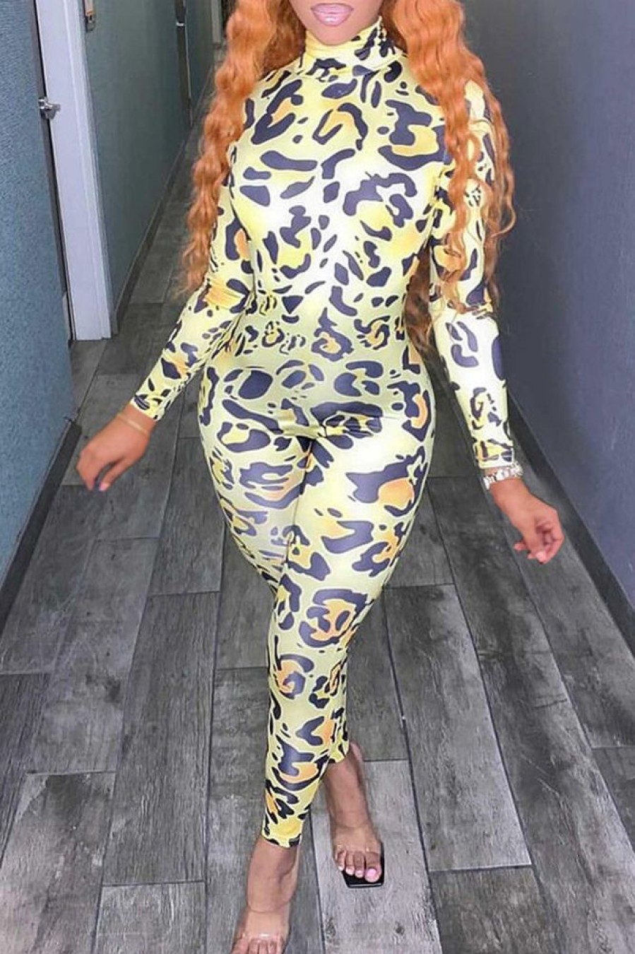 Jumpsuits & Rompers female | Sexy Leopard Print High Neck Stretch Slim Fit Jumpsuit Yellow