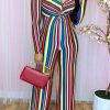 Jumpsuits & Rompers female | Fashion V Neck Long Sleeved Striped Print Jumpsuits Red