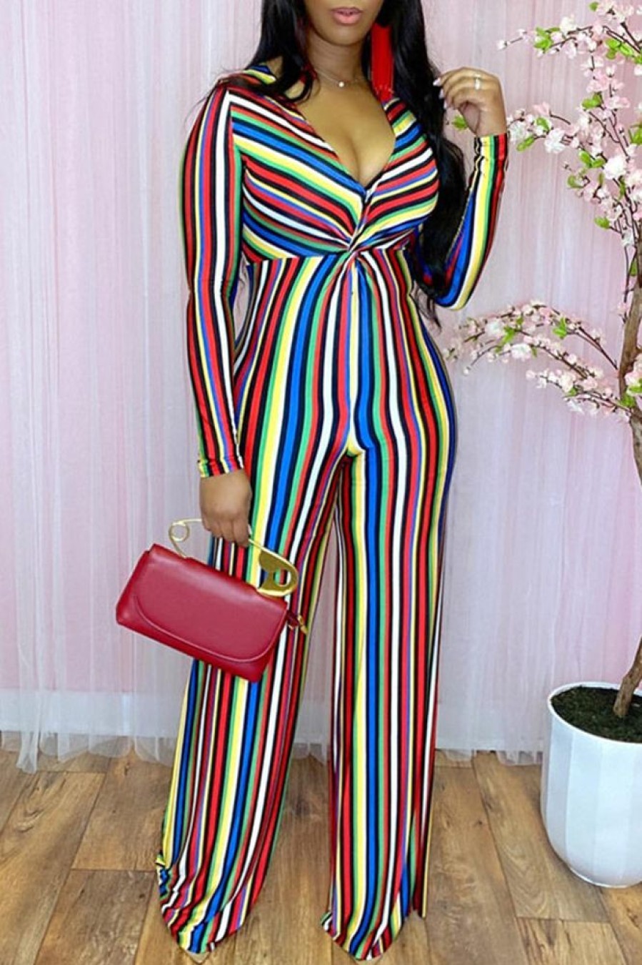 Jumpsuits & Rompers female | Fashion V Neck Long Sleeved Striped Print Jumpsuits Red