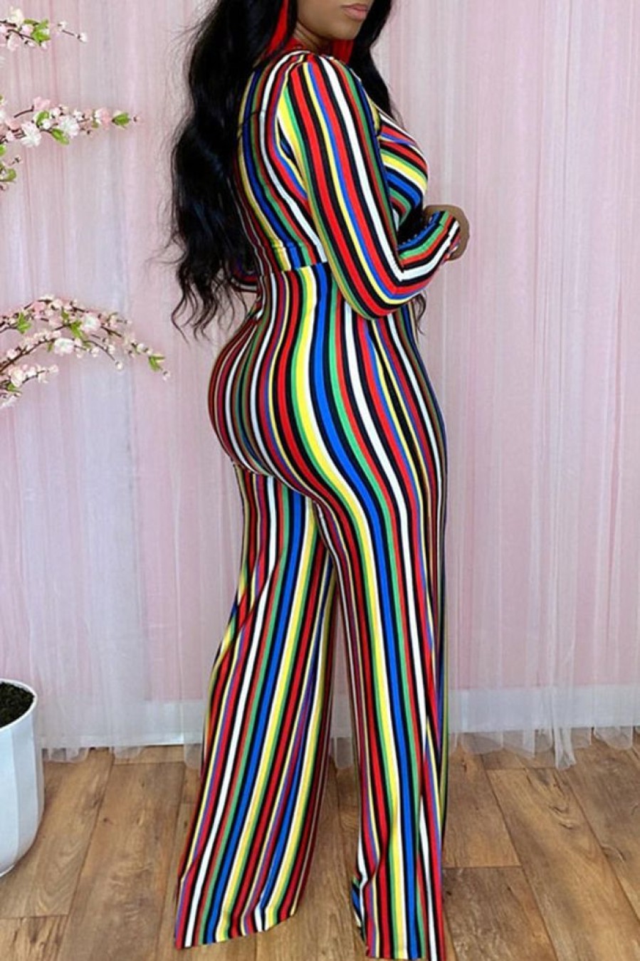 Jumpsuits & Rompers female | Fashion V Neck Long Sleeved Striped Print Jumpsuits Red