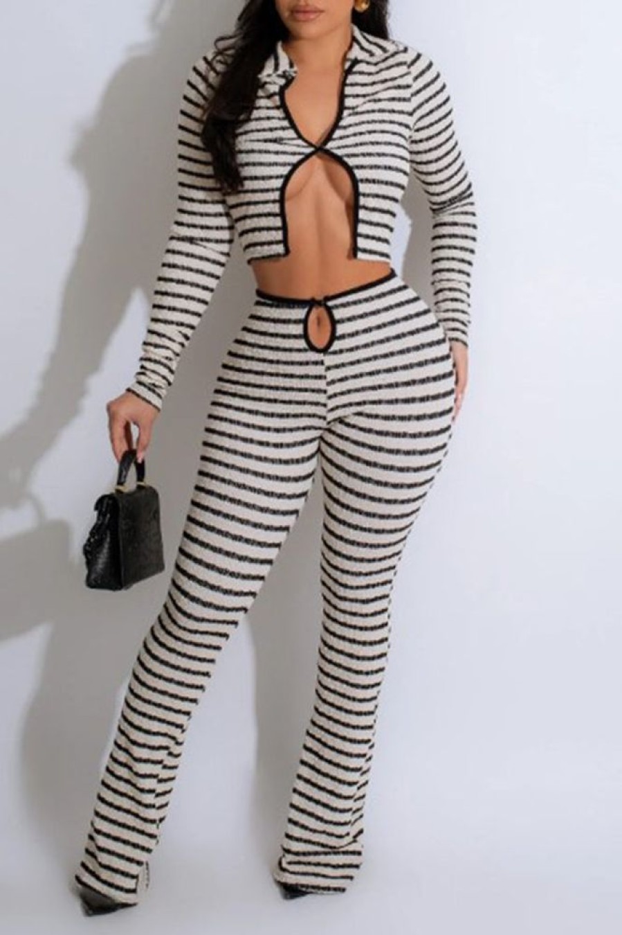 2-Pieces female | Casual Striped Knitted Two-Piece Set White