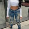 Bottoms female | Stylish Casual Ripped Patch Jeans Blue