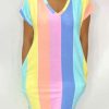 Dresses female | V-Neck Rainbow Striped Pocket Mini Dress Multicolor