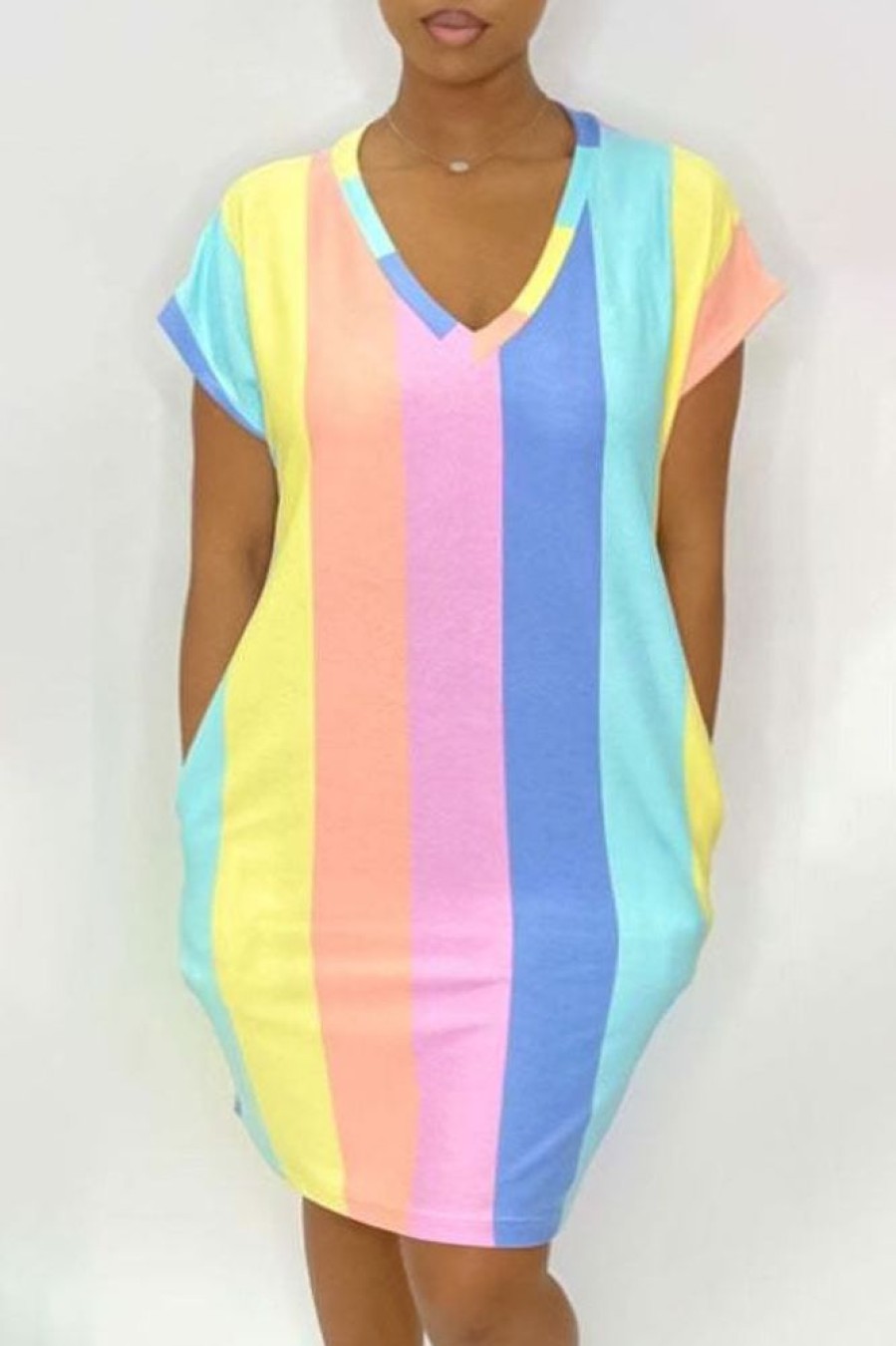 Dresses female | V-Neck Rainbow Striped Pocket Mini Dress Multicolor