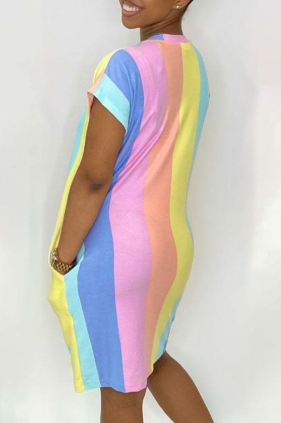 Dresses female | V-Neck Rainbow Striped Pocket Mini Dress Multicolor