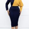 Dresses female | Commuter Long Sleeve Contrast Panel Slim Fit Midi Dress