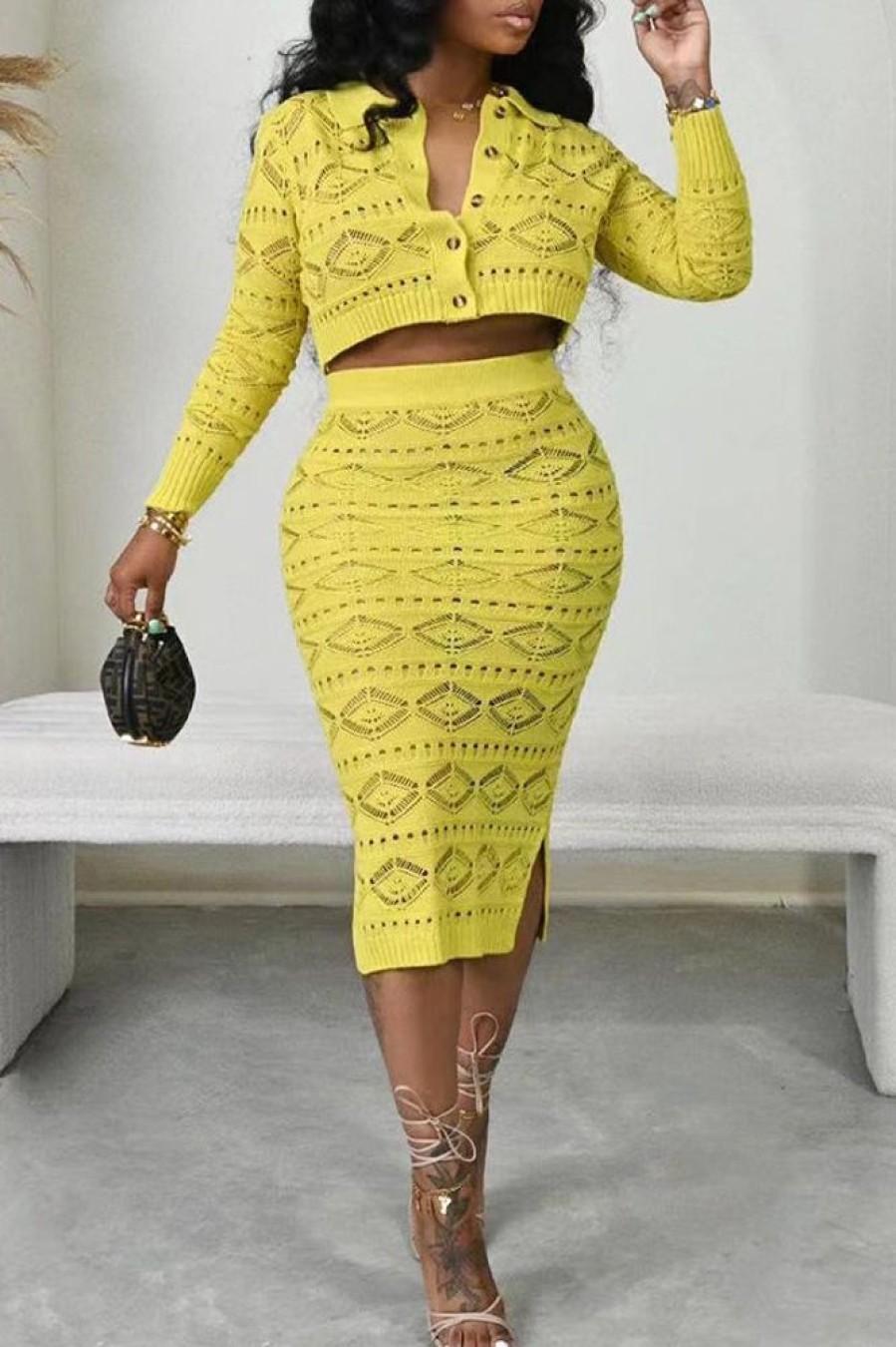 2-Pieces female | Temperament Hollow Knitted Solid Color Top Mid-Length Skirt Suits