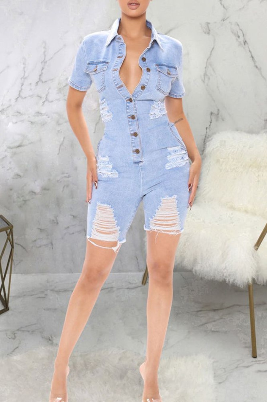 Jumpsuits & Rompers female | Casual Ripped Denim Romper Wathet Blue