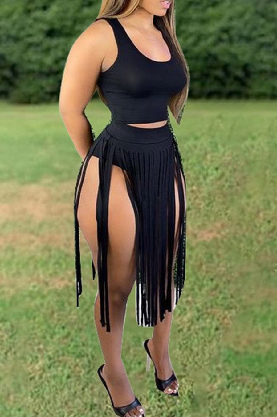 2-Pieces female | Fashion Solid Color Tassel Short Skirt Two-Piece Suit