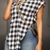 Tops & Outerwear female | Fashion Plaid Print V Shape Irregular Wide Shoulder Strap Casual Shirt Black