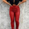 Bottoms female | Statement Smocked Skinny Stretch Artificial Pu High Waist Slit Pants