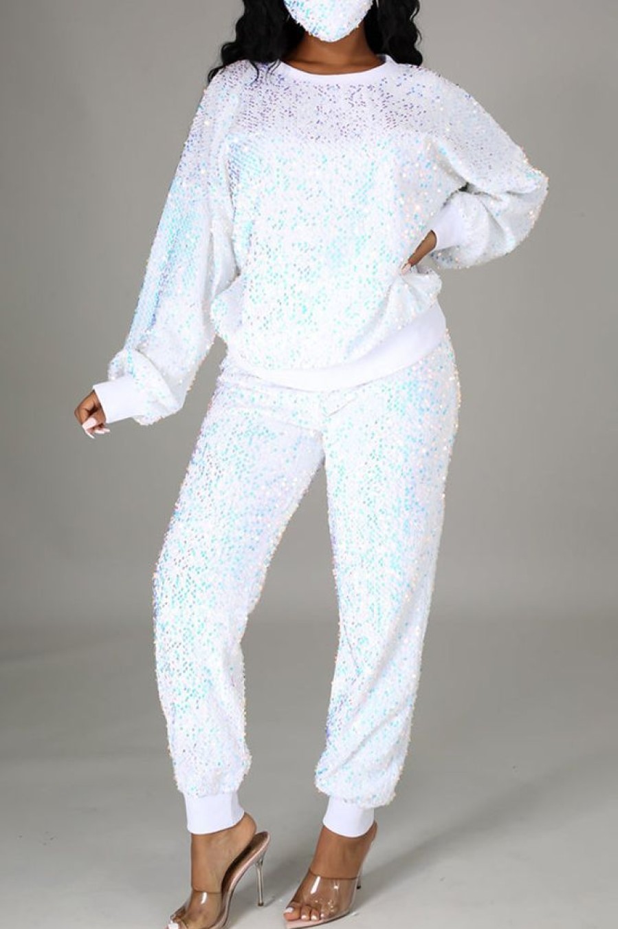 2-Pieces female | Fashion Colorful Sequined Round Neck Sweatshirt Casual Pant Suits