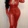 Jumpsuits & Rompers female | Fashion Temperament Slim Solid Color Pu Leather Long-Sleeved Jumpsuit