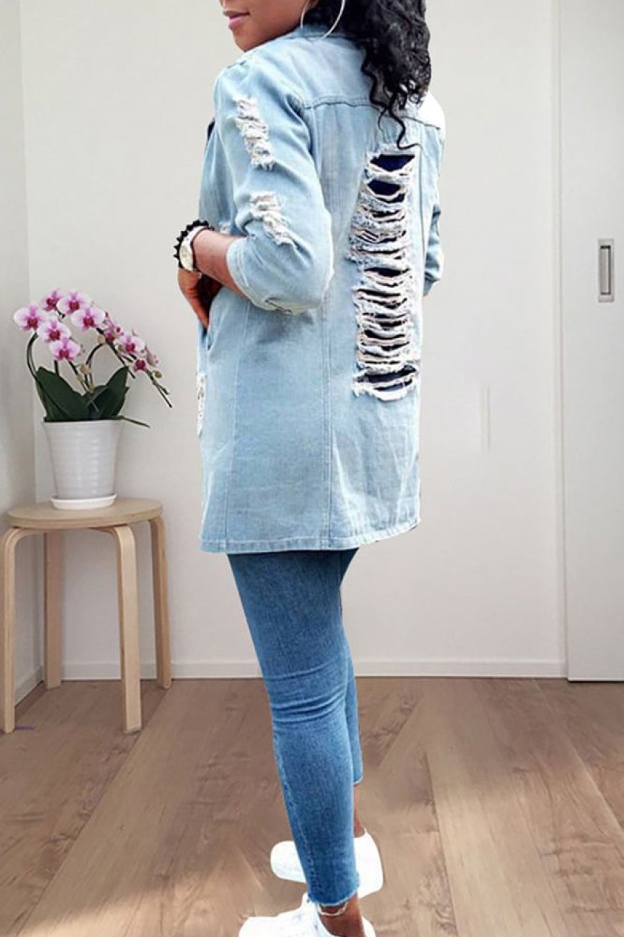 Tops & Outerwear female | Fashion Lapel Backless Ripped Denim Jacket Wathet Blue